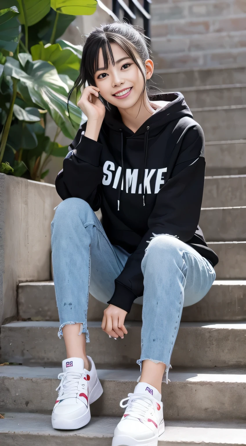 highest quality, Realistic, Very detailed, Finer details, High resolution, 8k wallpaper, One beautiful woman,Sit on the stairs、(Wear black socks)smile、(Beautiful teeth alignment、)(Gums are visible) Oversized hoodie, Skinny jeans,( Black sneakers)、Black Hair、 Beautiful Bangs、ear piercing、Perfect dynamic composition, Beautiful and detailed, Full Body Shot, A big smile
