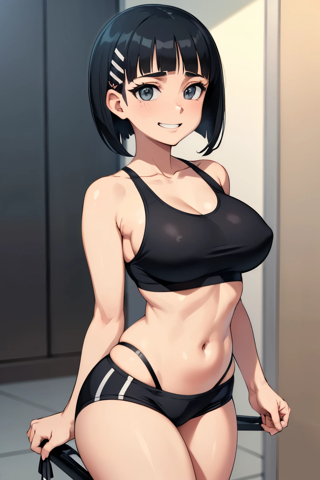 1 hot girl, dark hair, dark grey eyes, grin, gorgeous, kirigaya suguha, short hair, hairclip, black sport bra, young girl, black bike shorts, large breasts