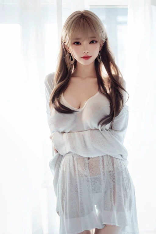 8K RAW Photos, Cool Korean 18 year old, Big round breasts, Cleavage,(The nipples are clearly visible:1.5)、 Beautiful Abs, (A thin, tight-fitting white T-shirt:1.5), (No bra:1.5),skirt, Beautiful eyes in every detail, eyelash, Beautiful double eyelids, eye shadow, Long, narrow eyes, Three white eyes, Perfect Eye Makeup, Wicked Smile, Beautiful slim legs, Light blonde hair, Various Hair Styles, Earrings,