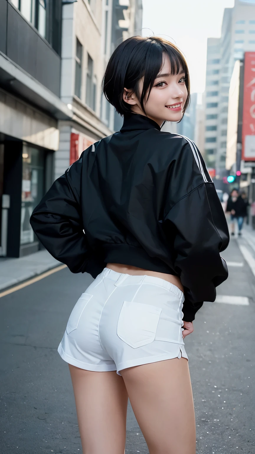 (((Backwards:2.0, Face your buttocks towards the camera:2.0, Accentuate your butt:2.0))), (((Clothing:2.0, Track jacket:1.8, black panties under white track shorts:2.0, Panty shaped shadow:2.0, sneakers:1.8, white track shorts:2.0))), ((Streetscape:1.5)), 1 Girl, solo, ((Short Hair:1.2, A grin:1.2)), 18-year-old, 7 heads, Ideal body proportions, Black Hair, With bangs, Small breasts, slender, Small Ass, Beautiful feet, Skinny Legs, Surrealism, Cinematic Lighting, Depth of written boundary, First Person View,  F/1.8, 135mm, Ticker, Mastepiece, Curate, ((Anatomically correct:1.3)), Textured skin, Super Detail, High detail, High quality, Awards, Best Quality, High resolution, 8K