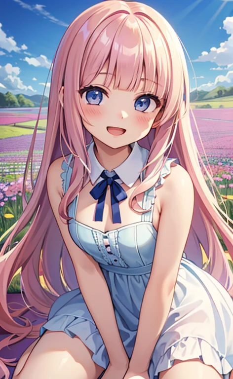 (masterpiece:1.4、top-quality、illustration:,realistic、)、(character focus、,upper body:1.3)、(1girl),(Open mouth happy smile:1.3),(),cute face,blue eyes、(tareme:1.3)、
,(kneeling:1.4),(pink blonde　hair),(very long hair:1.3)、
,(Flower Field:1.3),（loose dress:1.3),
(blunt bangs:1.3),(volumey,sidelocks,wavy hair:1.3), (small breasts:1.3)、
、slender、