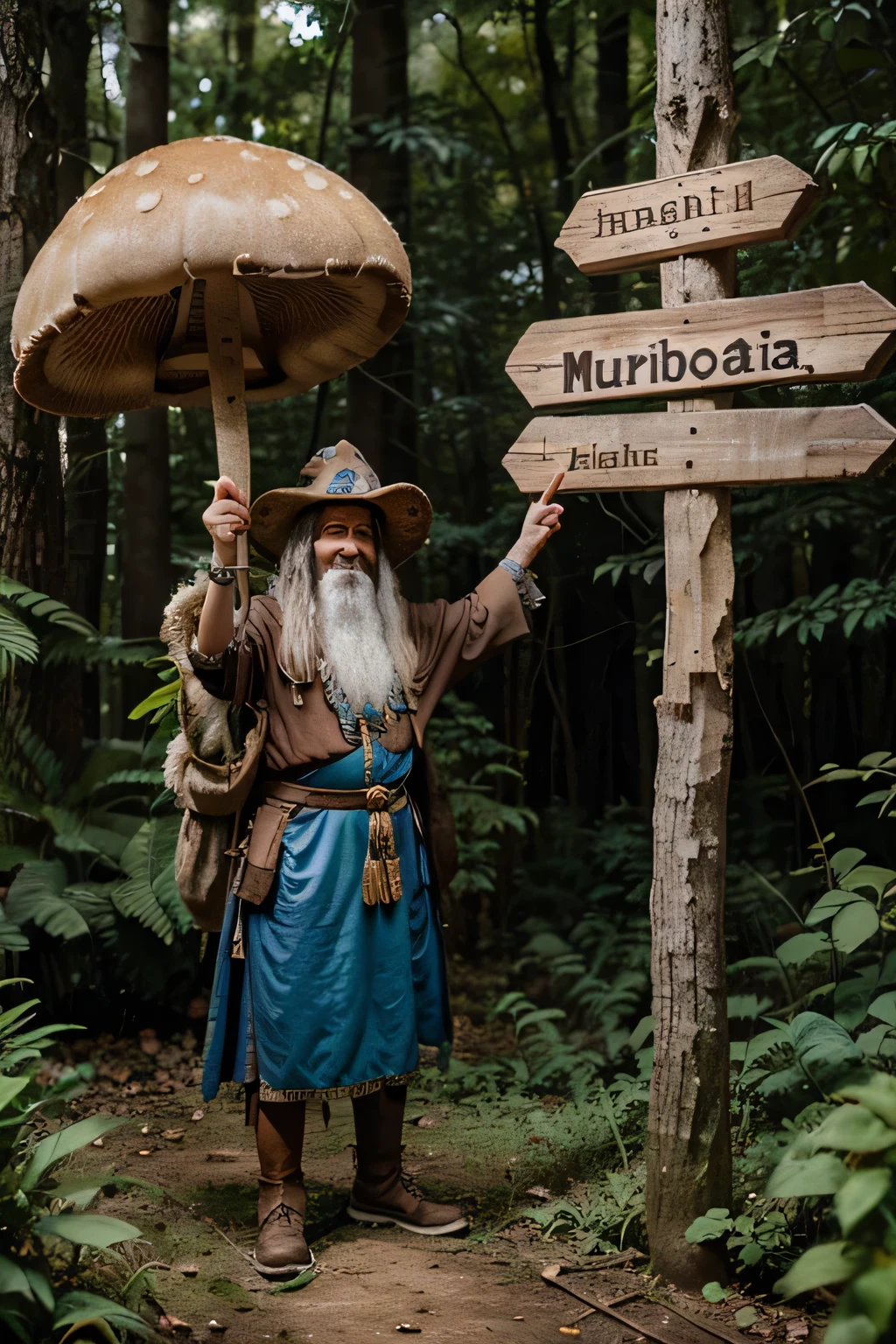 happy wizard with mushrooms and forest and a sign saying Chácara DUDUBARÂO