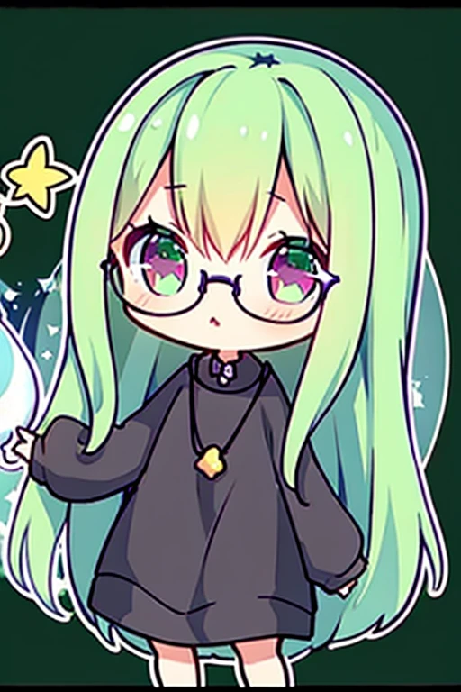 A green haired woman with violet eyes and glasses with an hourglass figure in a cute sweatshirt dress is catching a Fallen star