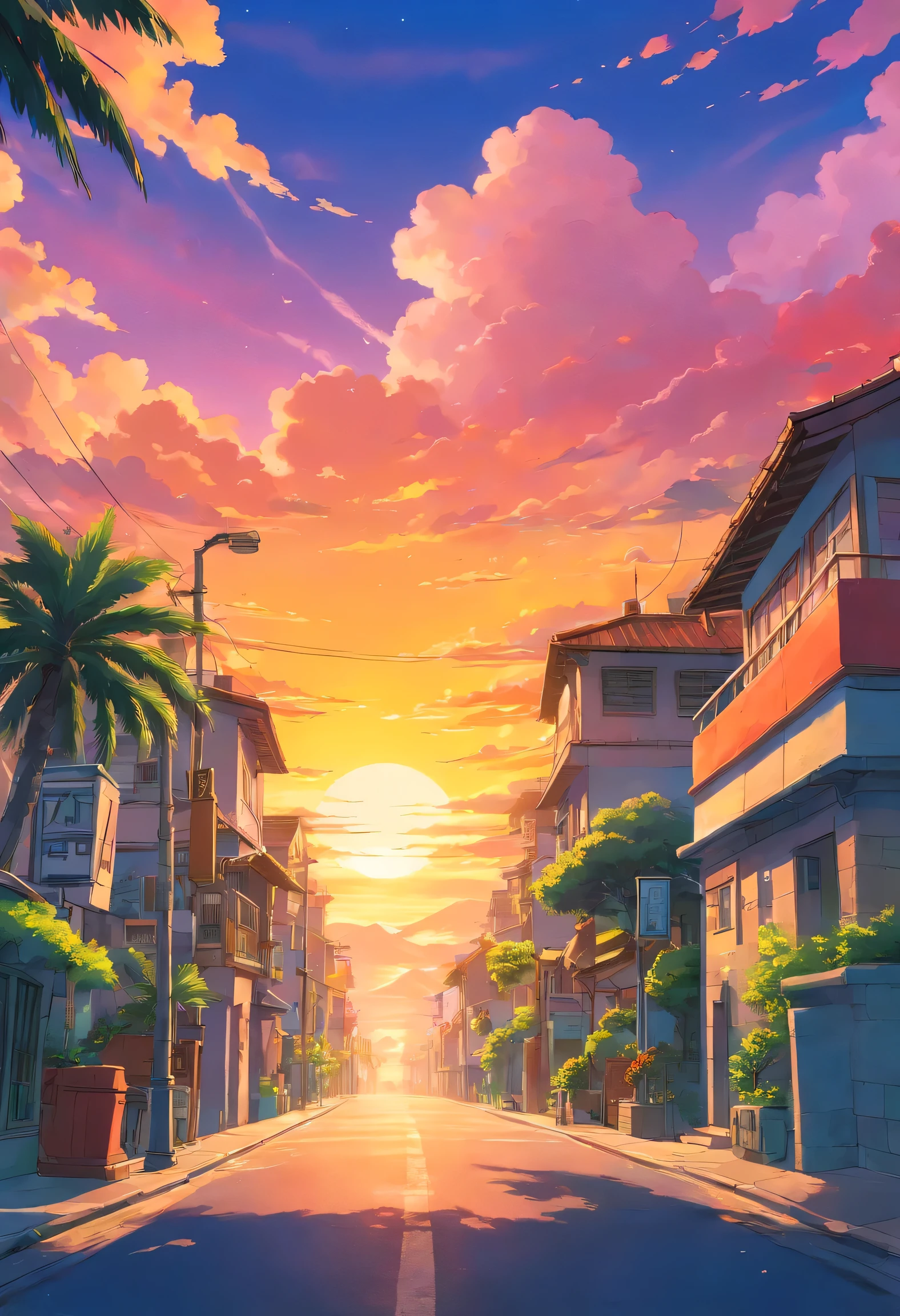 a close up of a street with palm trees and a sunset, colorful skies, amazing sky, stunning skies, colorful sky, colorful sunset, stunning sky, psychedelic sky, nice sunset, beautiful and spectacular dusk, vibrant sunset, epic sunset, the most beautiful sunset, colorful clouds, colorfull sky, spectacular sunset, very colorful heavenly, colourful sky, beautiful sky