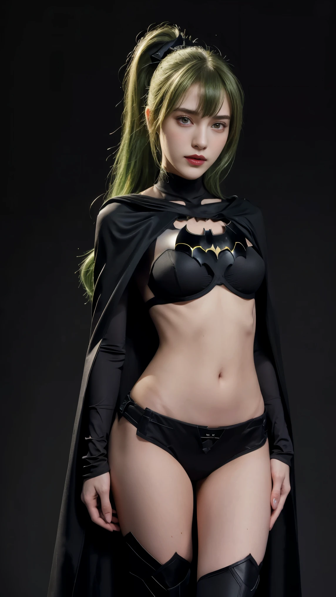 8K, Top Quality, Intricate Details, Ultra Detail, Ultra High Resolution, Masterpiece, close up shot, Slender,, ((Full body )), (Makeup: 0.4), (), , looking at viewer, ((full body)), 1girl, solo, 1 girl, (( )), , , ((tall)), (((fit body))), (((slim face))), sharp face , smile, (( green hair, bangs, long hair, high ponytail )) , (detailed face), sharp face, small lips, standing, feminine pose, , show belly ,, , ((, batman suit, black cape )), , ((detail belly )), detail fingers, detail hands, detailed face, detailed breast, huge breast, Narrow Waist, Skinny, 175 cm tall , Muscular, Navel, Exposed Abdomen, , large breast, , , Beautiful girl with accentuated slender abs: 1.4, Six Pack Abs: 1.4, Bust Botox,, Perfect Body, (( dark background)), black background,