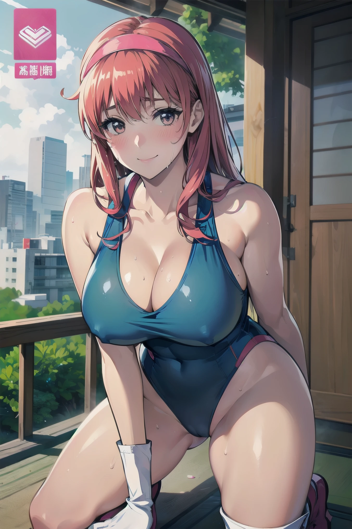(( highest quality, High resolution, Hmph, Perfect Pixel, 4K, Hmph, Hmph))), 1 girl, single, alone, Beautiful woman、I could see the whole body、 ((Mid-wave hair, bangs, Redhead、Yellow headband、)), ((Brown eyes, Beautiful eyelashes, Realistic eyes)), ((Detailed face, blush:1.2)), ((Smooth texture:0.75, Realistic texture:0.65, Realistic:1.1, Anime CG Style)),Embarrassed face、 Big Breasts、((((Sweaty all over)))), Dynamic Angle, Perfect body,Leaning forward significantly、(Exposing your buttocks.、Spread your legs、cover your chest with your hands),(Pink Ranger), (alone) (Blue jumpsuit), (Minkit), Pink Darth, Under the belt, White gloves with pink diamond design, (Pink diamond design white boots), (18-year-old), Smile at the audience,(Sunny Tokyo background:1.2), colorful, thin waist and thick hips, Wear tight-fitting clothing, Fits your beautiful body, White skin, , Big Breastsが垂れる, Crazy Expansion, Larger than the shoulder blade, Hourglass illustration, The pelvis is Larger than the shoulder blades, thick, Fitness Model, Red cheeks, breathe, Sweaty, Soaking wet, Laughter、package、cover、advertisement