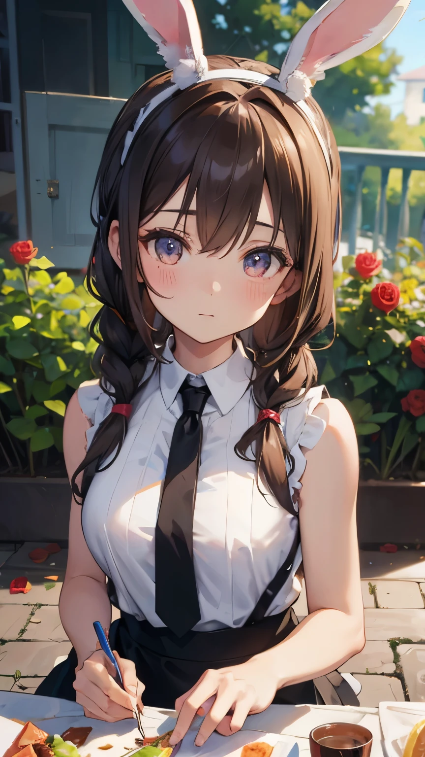 (brown hair), braided ponytail, ((rabbit ears)), maid headdress, Fujicolor, (((masterpiece))), ((textured skin)), (((high details))), highres, cute, lovely, maid, Apron dress, big breasts, overhead view, ((rose garden)), (sleeveless shirt:1.7)