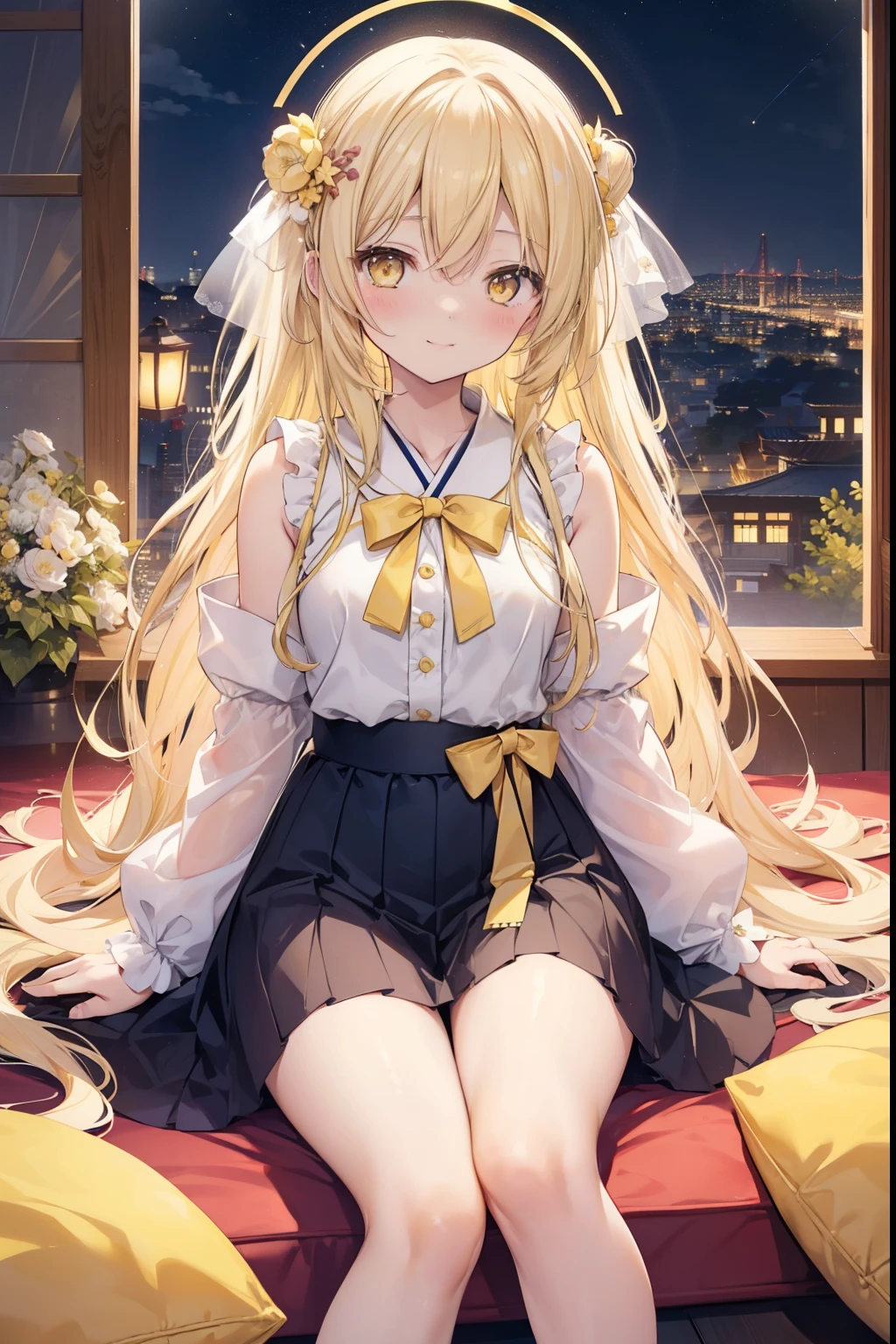 Shiina Mayu, ,blonde, (Yellow Eyes:1.3)、Long Hair,,blush,smile,night、Beautiful views, Attractive thighs、Beautiful bare legs, You can see Pantastar&#39;s work..:1.2), highest quality, High resolution, unity 8k wallpaper, (shape:0.8), (Beautiful and beautiful eyes:1.6), Highly detailed face, Perfect lighting, Extremely detailed CG, (Perfect hands, Perfect Anatomy),