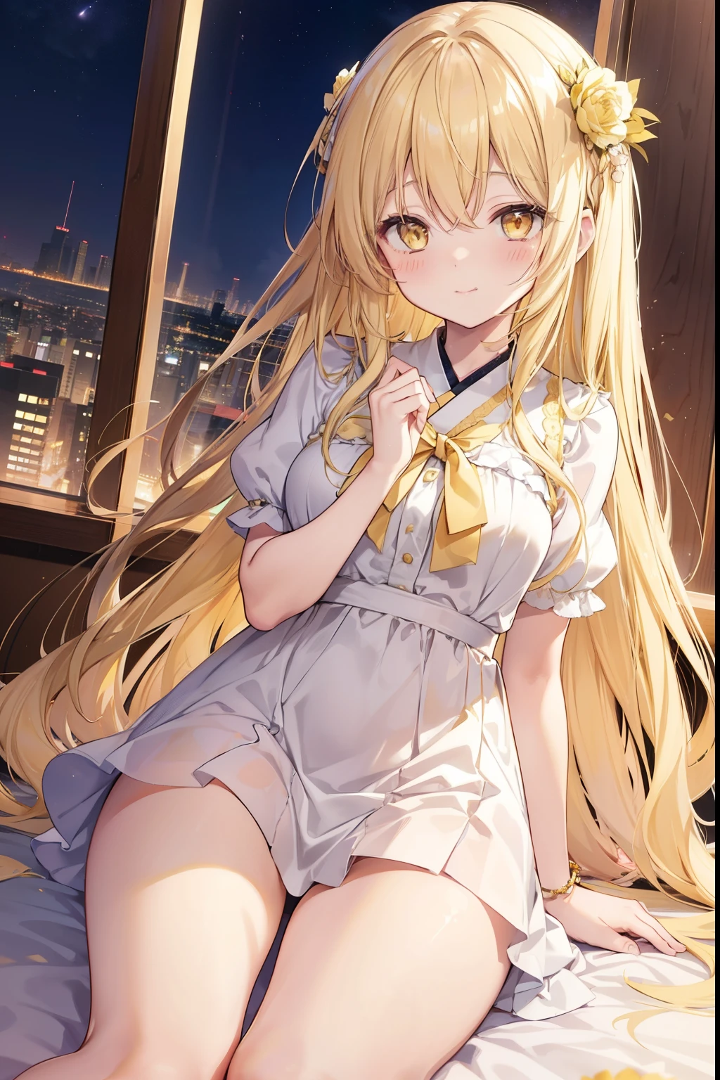 Shiina Mayu, ,blonde, (Yellow Eyes:1.3)、Long Hair,,blush,smile,night、Beautiful views, Attractive thighs、Beautiful bare legs, You can see Pantastar&#39;s work..:1.2), highest quality, High resolution, unity 8k wallpaper, (shape:0.8), (Beautiful and beautiful eyes:1.6), Highly detailed face, Perfect lighting, Extremely detailed CG, (Perfect hands, Perfect Anatomy),