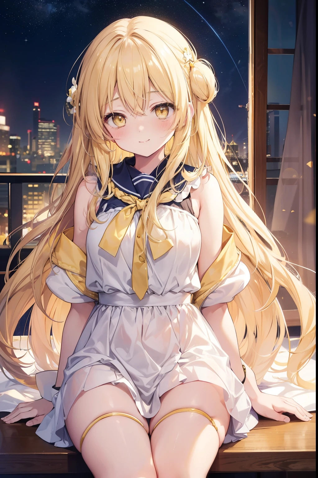 Shiina Mayu, ,blonde, (Yellow Eyes:1.3)、Long Hair,,blush,smile,night、Beautiful views, Attractive thighs、Beautiful bare legs, You can see Pantastar&#39;s work..:1.2), highest quality, High resolution, unity 8k wallpaper, (shape:0.8), (Beautiful and beautiful eyes:1.6), Highly detailed face, Perfect lighting, Extremely detailed CG, (Perfect hands, Perfect Anatomy),