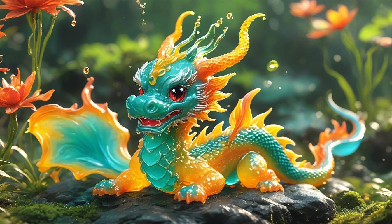 best quality, very good, 16K, ridiculous, Extremely detailed, Cute slime Chinese dragon,The horns are made of translucent boiling lava, Background grassland((A masterpiece full of fantasy elements))), ((best quality)), ((Intricate details))(8k)