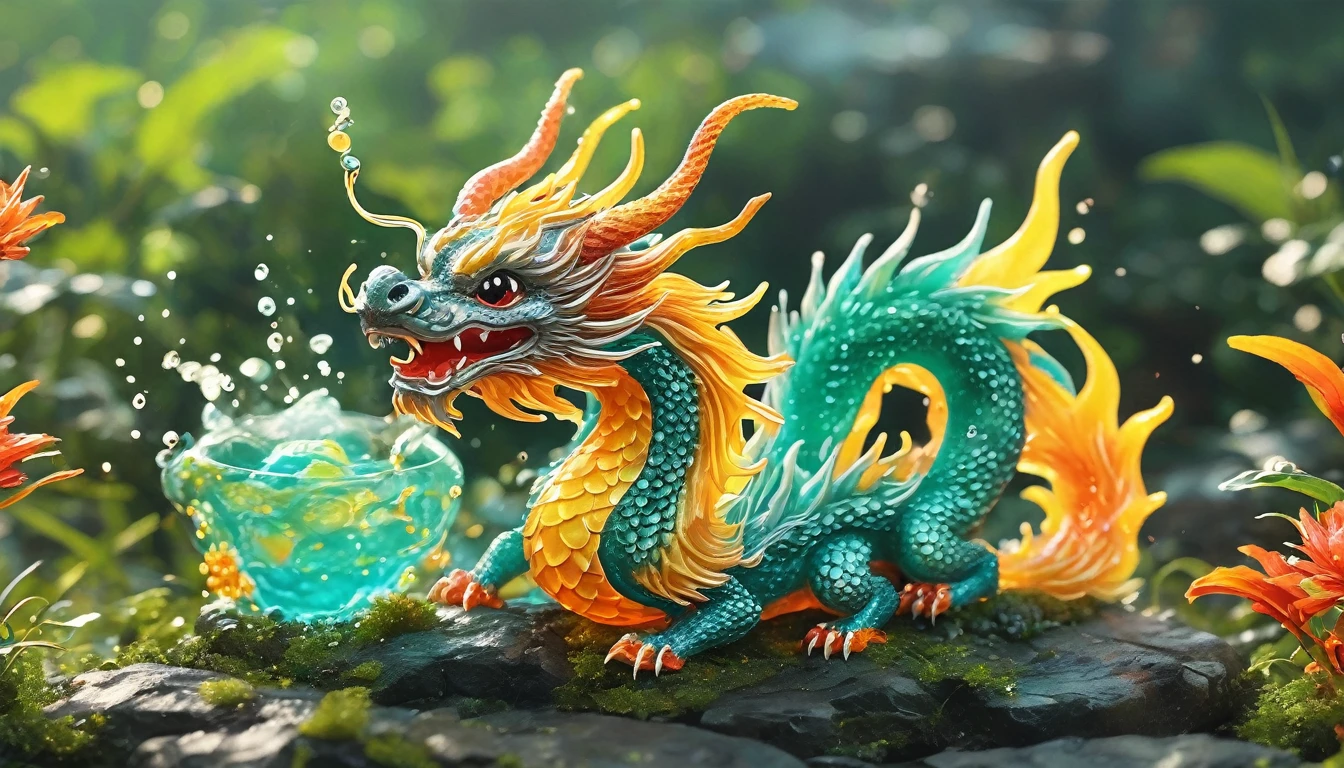 best quality, very good, 16K, ridiculous, Extremely detailed, Cute slime Chinese dragon，The horns are made of translucent boiling lava, Background grassland（（A masterpiece full of fantasy elements）））， （（best quality））， （（Intricate details））（8k）