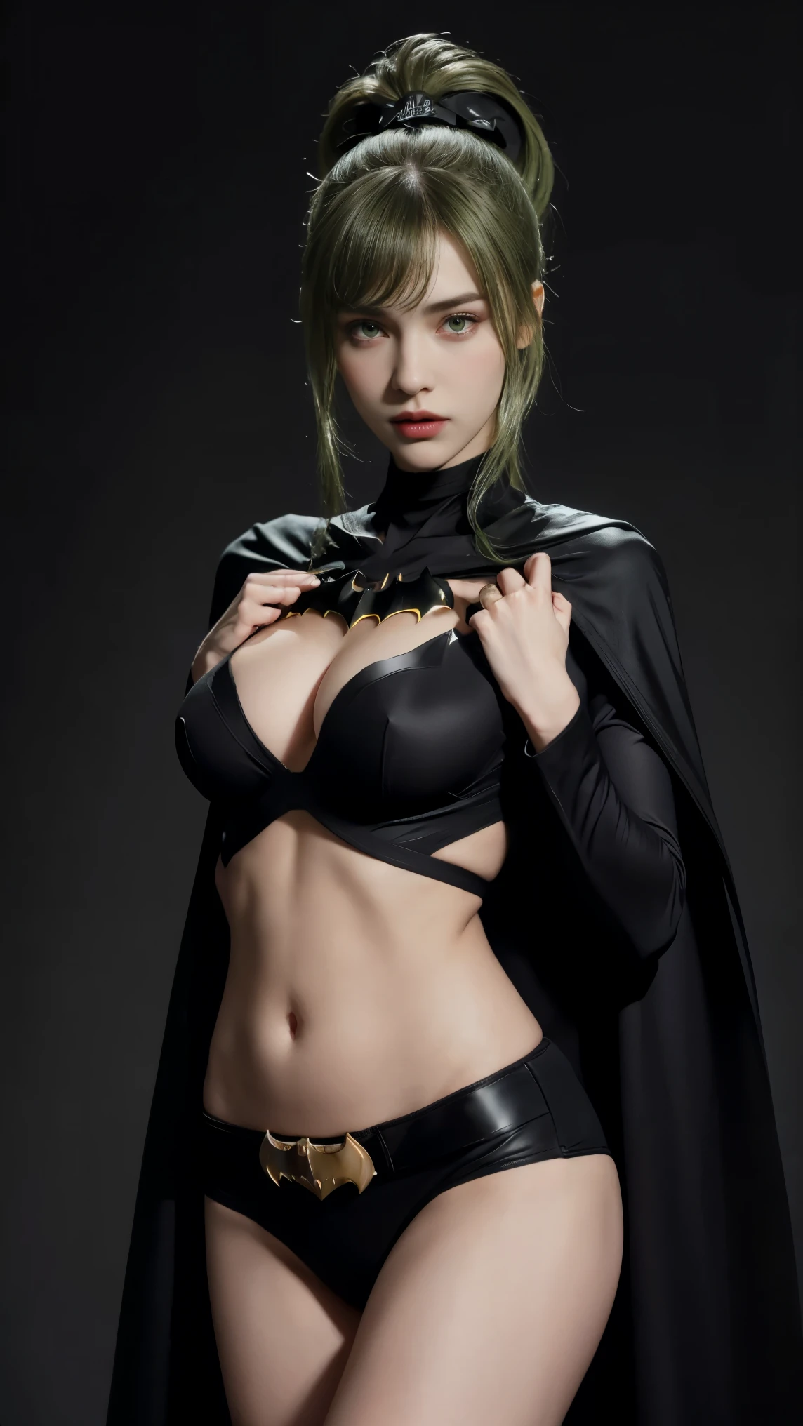 8K, Top Quality, Intricate Details, Ultra Detail, Ultra High Resolution, Masterpiece, close up shot, Slender,, ((Full body )), (Makeup: 0.4), (), , looking at viewer, ((full body)), 1girl, solo, 1 girl, (( )), , , ((tall)), (((fit body))), (((slim face))), sharp face , smile,   (( green hair, bangs, long hair, high ponytail )) , (detailed face), sharp face, small lips, standing, feminine pose,   , show belly ,,  , ((, batman suit, black cape )), , ((detail belly )), detail fingers, detail hands, detailed face, detailed breast, huge breast, Narrow Waist, Skinny, 175 cm tall , Muscular, Navel, Exposed Abdomen,  , large breast, ,  , Beautiful girl with accentuated slender abs: 1.4, Six Pack Abs: 1.4, Bust Botox,, Perfect Body, (( dark background)), black background, 