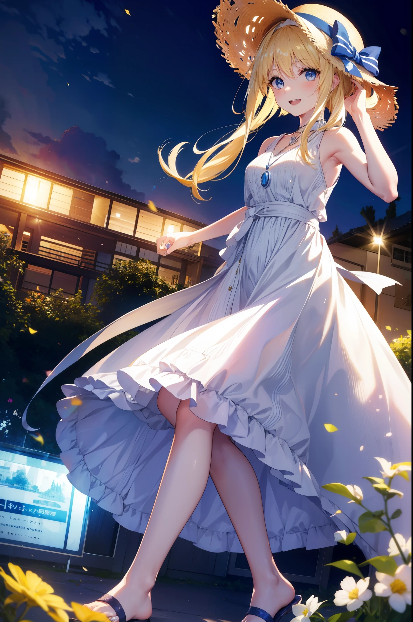 Arisburg, Alice Zuberg, bangs, blue eyes, Blonde, Hair between the eyes, Very long hair, hair band, white hair band,Sleeveless blue dress,Blue long skirt,Bare neck,Locket Necklace,Cute Sandals,Straw hat,happy smile, smile, Open your mouth,Daytime,sunny,Real Summer,whole bodyがイラストに入るように,walking,
break outdoors ,garden,crowd, people々々々,
break looking at viewer,whole body,
break (masterpiece:1.2), highest quality, High resolution, unity 8k wallpaper, (shape:0.8), (Beautiful and detailed:1.6), Highly detailed face, Perfect lighting, Extremely detailed CG, (Perfect hands, Perfect Anatomy),