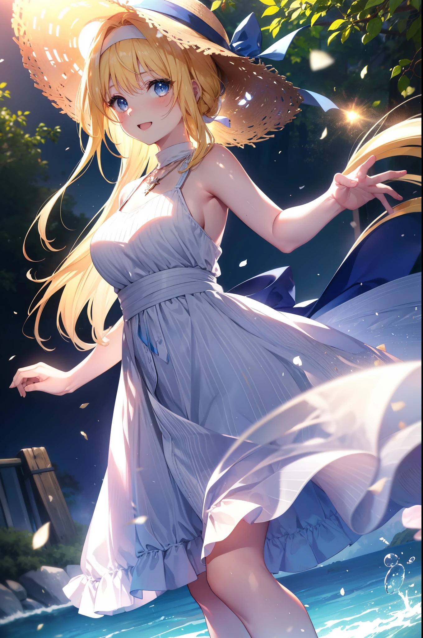 Arisburg, Alice Zuberg, bangs, blue eyes, Blonde, Hair between the eyes, Very long hair, hair band, white hair band,Sleeveless blue dress,Blue long skirt,Bare neck,Locket Necklace,Cute Sandals,Straw hat,happy smile, smile, Open your mouth,Daytime,sunny,Real Summer,whole bodyがイラストに入るように,walking,
break outdoors ,garden,crowd, people々々々,
break looking at viewer,whole body,
break (masterpiece:1.2), highest quality, High resolution, unity 8k wallpaper, (shape:0.8), (Beautiful and detailed:1.6), Highly detailed face, Perfect lighting, Extremely detailed CG, (Perfect hands, Perfect Anatomy),