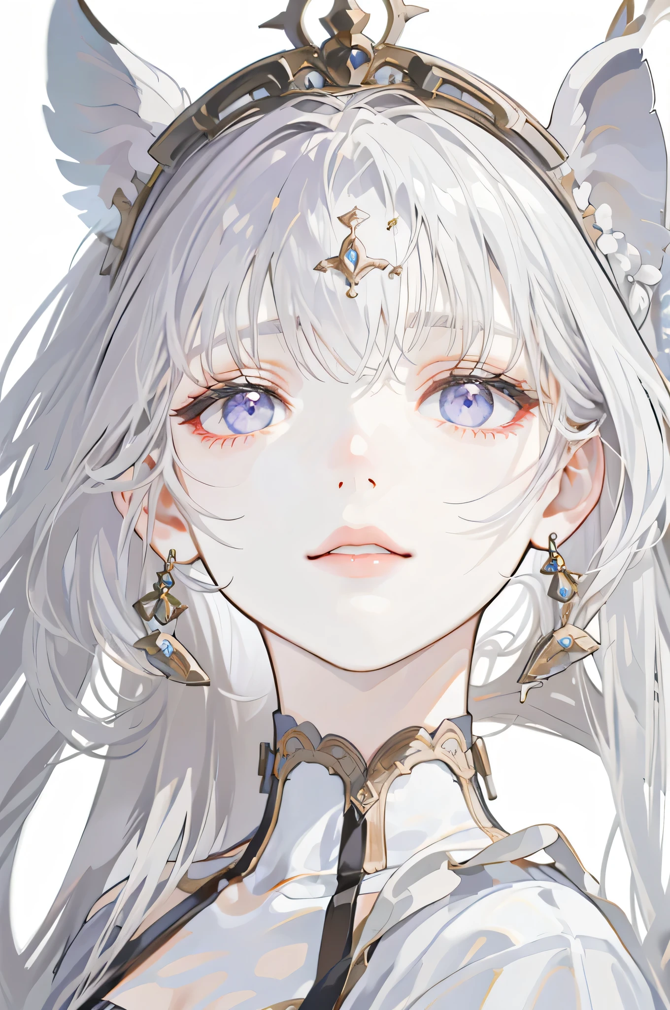 lilac, forest nymph, lily of the valley, ethereal forest girl, perfect anatomy, hanging jewels, pretty girl, amazing body, best proportions, european victorian style, greek style, ancient goddess, (((((((white background))))))), ((((closeup face)))), looking at viewer