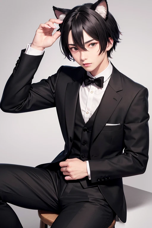 A young man with black hair and black cat ears, Black Suit, Black bow tie, Butler