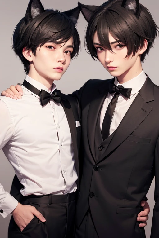 A young man with black hair and black cat ears, Black Suit, Black bow tie, Butler