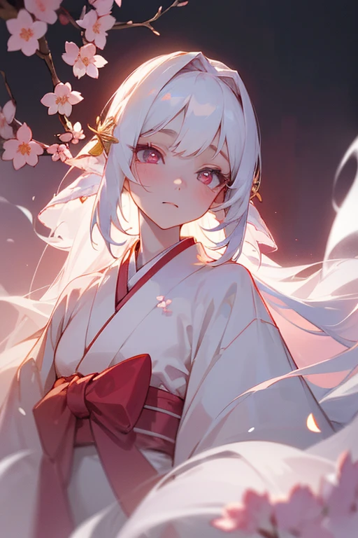 (a beautiful detailed ghost girl with a completely whitish coloration,long-haired,long-eyelashed and almond-shaped eyes,perfect and beautiful body,wearing a kimono with red accessories adorned with small sakura flowers), ,portrait,Photography,ethereal soft colors,soft lighting