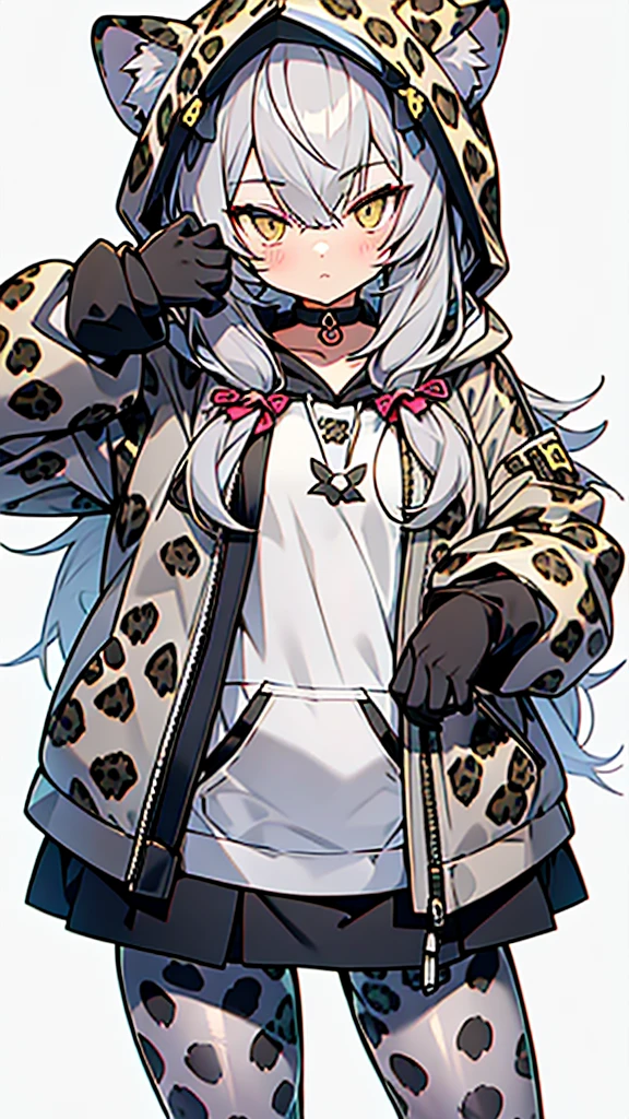 anime style,cute girl wearing hood,((gray_leopard_ears_hood)),
((gray_Leopard_print_pantyhose)),gray_leopard_paw_gloves,gray long hair,