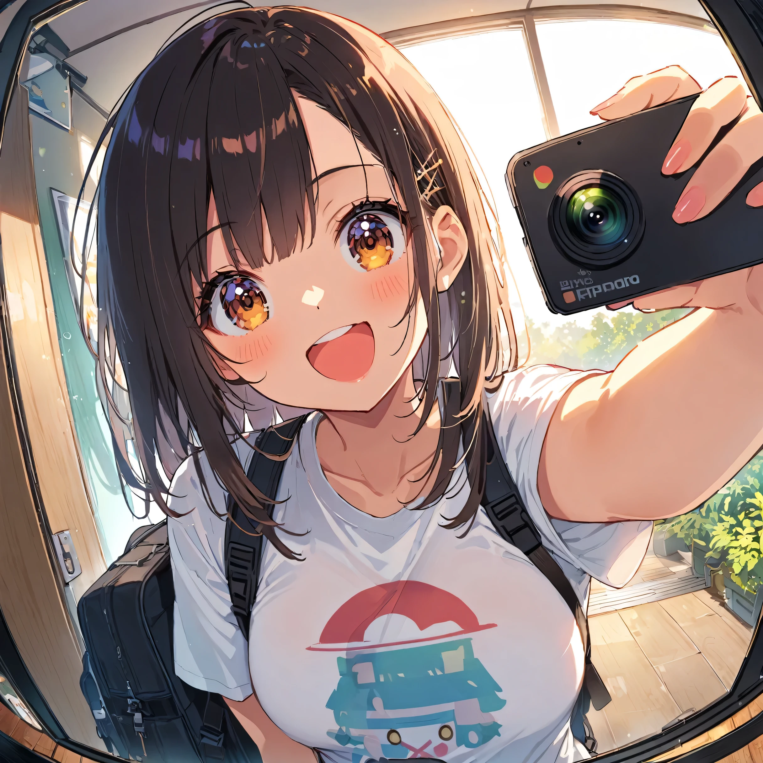 Live Streaming YouTuber, Selfie, Cute Hong Kong girl captured on GoPro camera, Selfie with the streets of Akihabara, the mecca for otaku, in the background, Wear a T-shirt with a character on it, Hiker Style, Carry a backpack, smile, Sharp and soft lighting, Fisheye Lens,