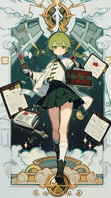 Victorian style, British background, whole body圖, figure, Standing image,whole body,figure设定图,Three views of charactermorpg,Green Hair,Short braid,1 girl,Loli body type,白magic师,Herbalist,therapist,adventure set,Short skirt,Ankle boots,Gloves,magic,test tube,Medicine box,Backpack,bandage,Herbs,植物系magic。