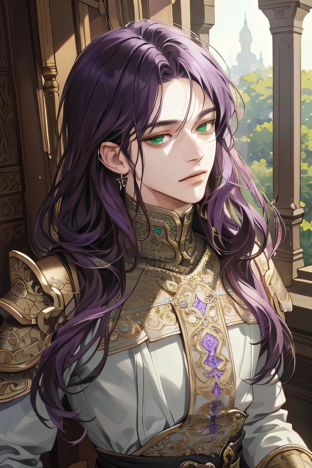 (extreamly delicate and beautiful:1.2), 8K,(masterpiece:1.0),(best_quality:1.0), 1boy, and intricate detailing, Enlarged textures, and intricate detailing, finely eye and detailed face, and intricate detailing, shiraga, purple dark long hair, (closed mouths), Perfect eyes, Equal eyes, green eyes (A Male god) with body armor