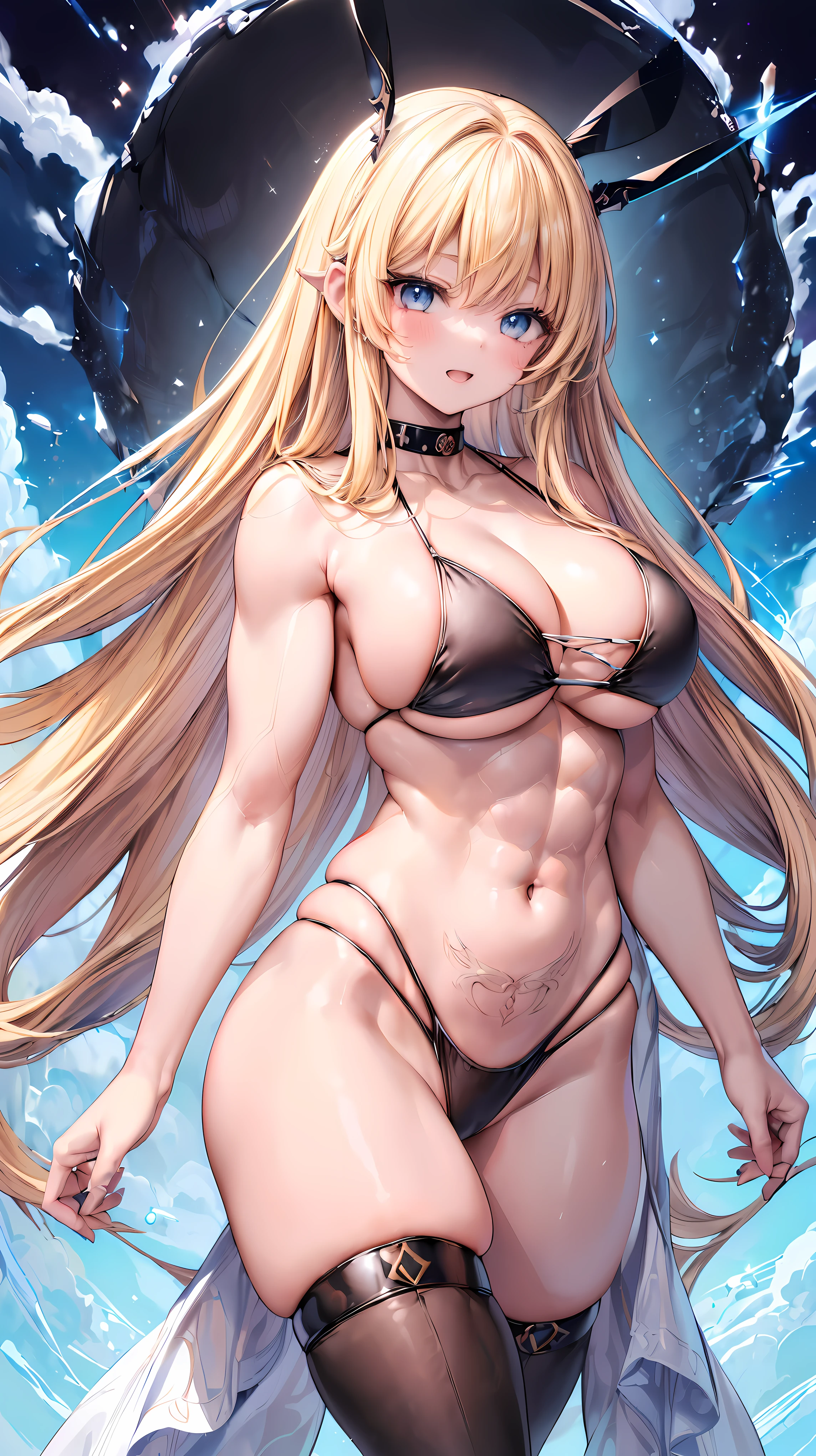 Very detailed、highest quality、Best image quality、masterpiece、8k、Anime Face、A kind smile、(Open your mouth:1.3)、Sparkling blue eyes、(Blonde semi-long hair:1.5)、(Muscles of the whole body:1.3)、(High leg:1.8)、Thigh belt、(Black high-cut bikini:1.5)、(Upper body photo:1.5)、(SFW Giant)、(Thick body:1.2)