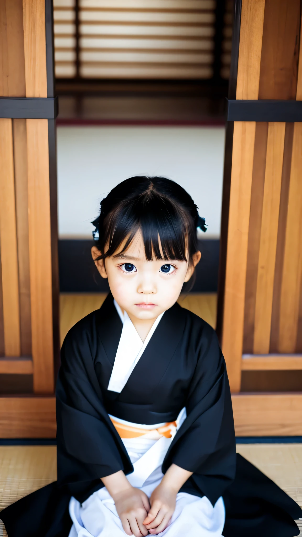Overall view of a 4-year-old sitting in seiza position、Face white、All black eyes、Dark feeling、kimono