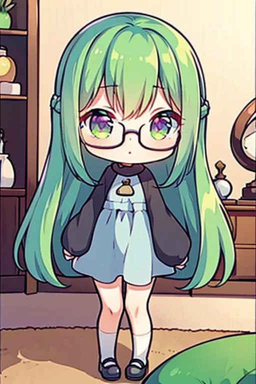A green haired woman with violet eyes and glasses with an hourglass figure in a cute sweatshirt dress is dancing in the living room