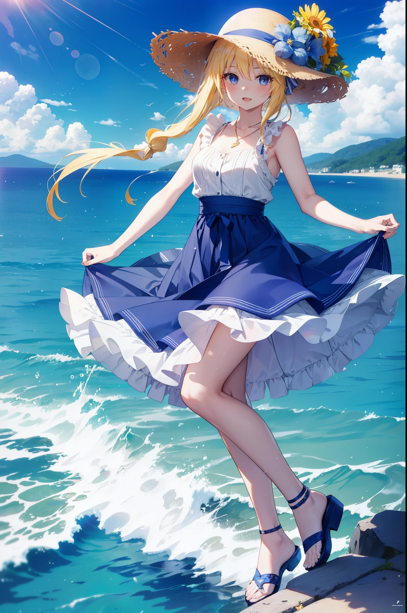 Arisburg, Alice Zuberg, bangs, blue eyes, Blonde, Hair between the eyes, Very long hair, hair band, white hair band,Sleeveless blue dress,Blue long skirt,Bare neck,Locket Necklace,Cute Sandals,Straw hat,happy smile, smile, Open your mouth,Daytime,sunny,True Summer,whole bodyがイラストに入るように,walking,
break outdoors ,Coastal Road,In town,crowd, people々々々,
break looking at viewer,whole body,
break (masterpiece:1.2), highest quality, High resolution, unity 8k wallpaper, (shape:0.8), (Beautiful and detailed:1.6), Highly detailed face, Perfect lighting, Extremely detailed CG, (Perfect hands, Perfect Anatomy),