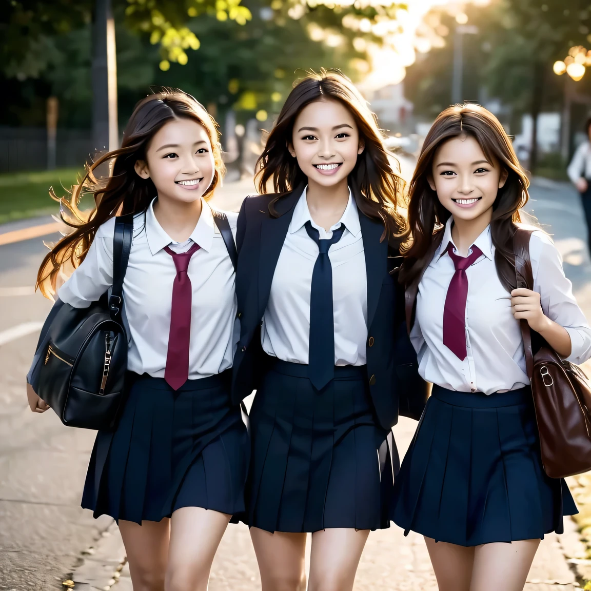 Three girls are leaving school at dusk. Their uniforms are crisp and neat, carrying school bags slung over their shoulders. The sun sets behind them, casting a warm, golden light on their faces. One girl has long, straight black hair, another has wavy chestnut curls, and the third has short bobbed red hair. They walk in sync, chattering animatedly, their laughter filling the air. The details of their features are exquisitely captured, each girl possessing unique and beautiful facial structures. The background is softly blurred, drawing focus to the trio of friends as they make their way home from school. (High resolution, detailed, school-themed, evening scene, girls)