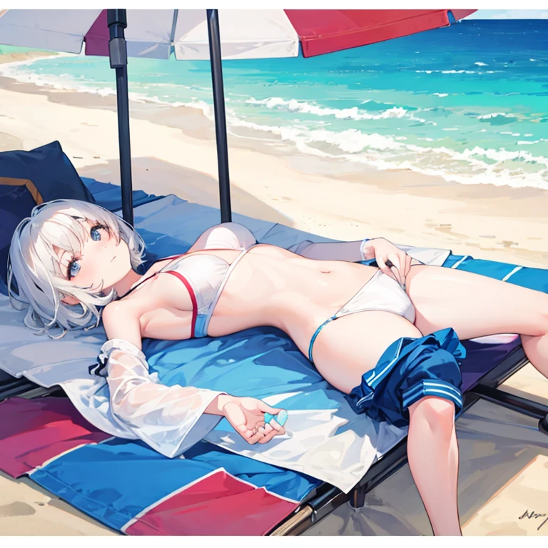 A girl with short white hair lying on the beach with her back turned and wearing a short, tight bikini 