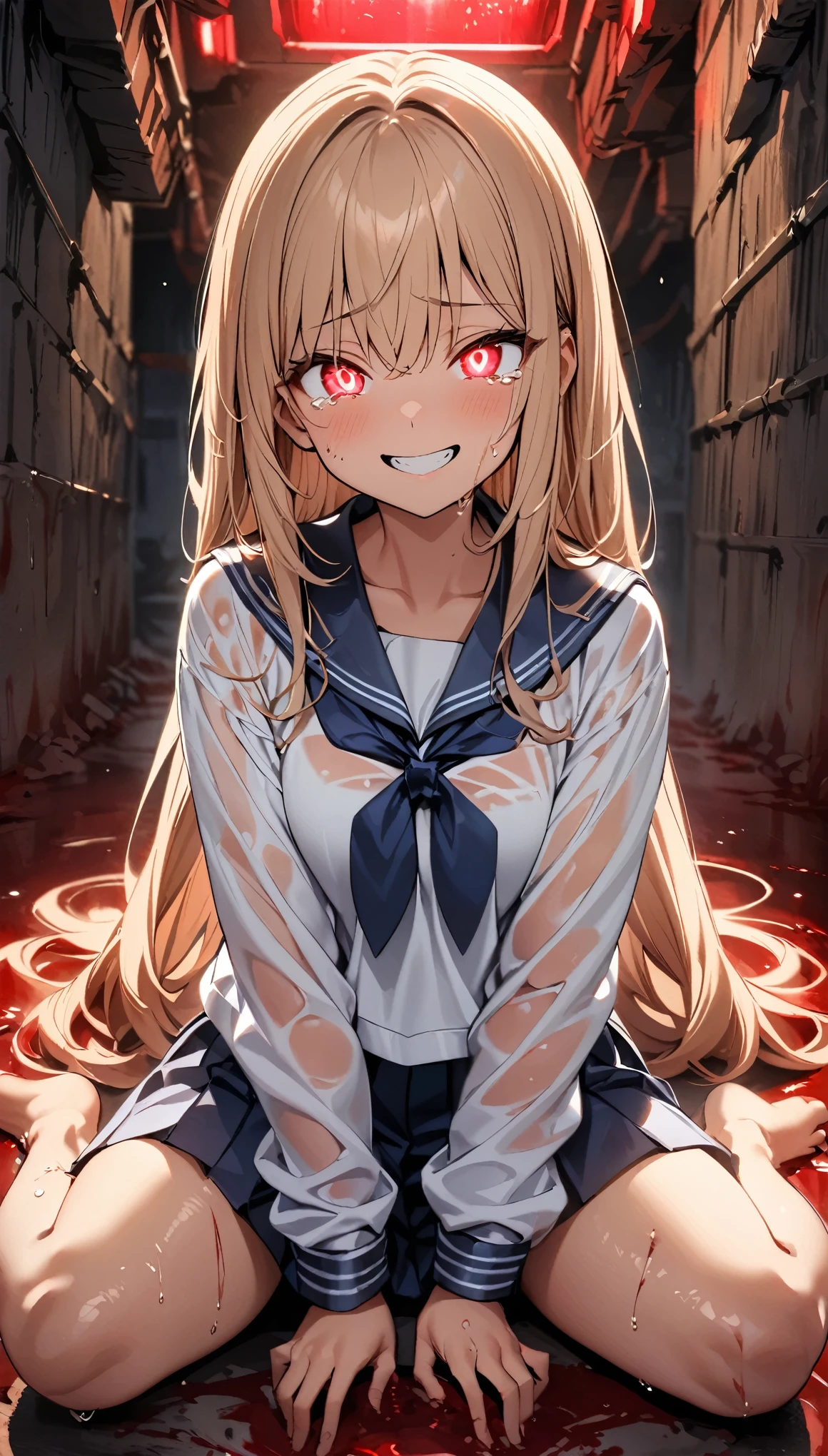 masterpiece, highest quality, View your viewers, In-person audience, barefoot, One girl, alone, Upper Body, bow, Sailor suit, Crazy Smile, at night, underground prison, Wet clothes, drenched, overly too long sleeves, Put your hands in your sleeves, Tears of Blood, Bloodstain, Dark Room, Blood splattered on the ground, Red bright light, Glowing Eyes, Depth of written boundary,Holding a knife, Red Sky, atmosphere, Perfect hands