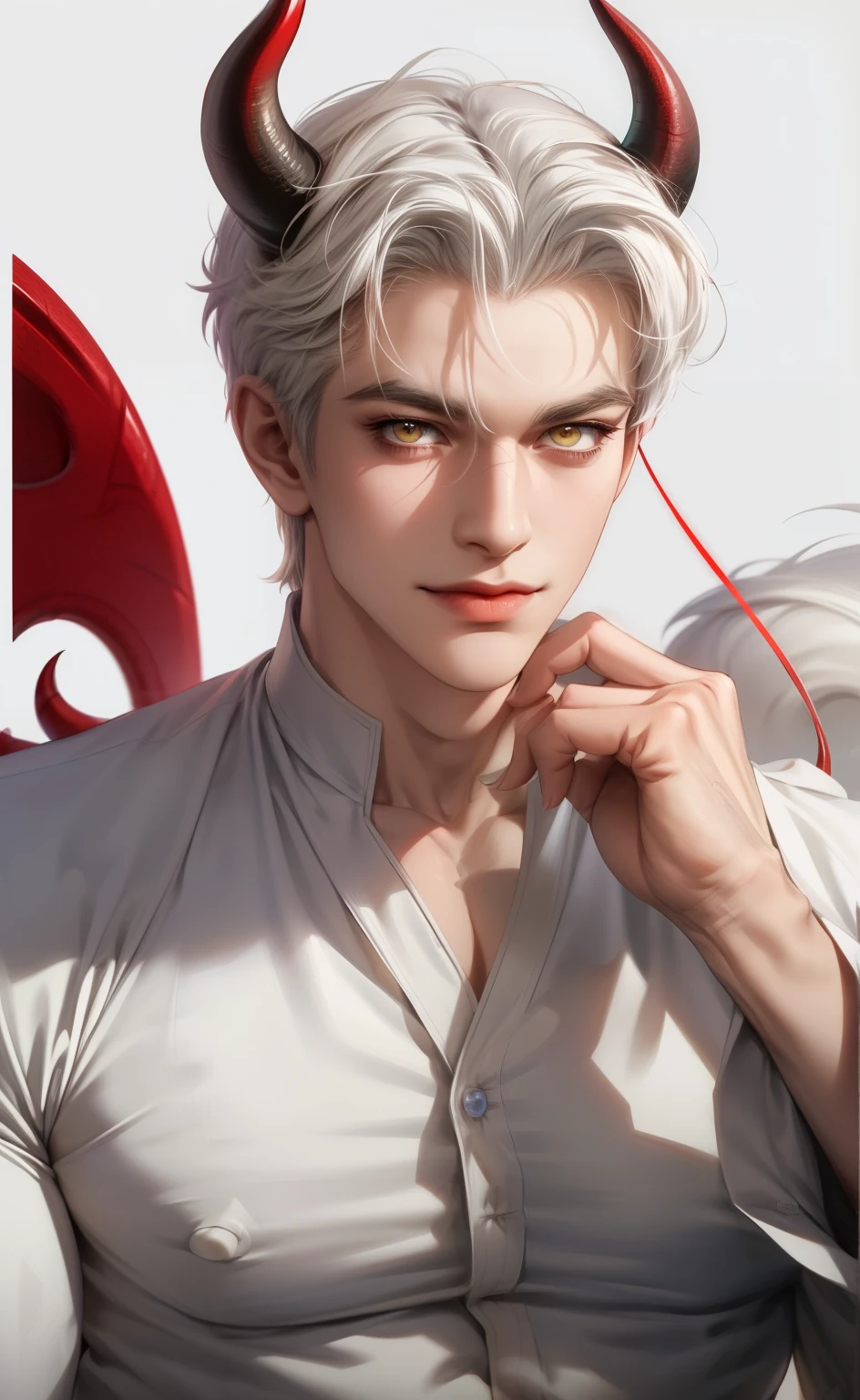 (masterpiece,best quality,ultra_detailed,highres,absurdres),1 mature male, 30-ish, (wide shoulder), (muscular), big body, male focus, solo, white hair, yellow eyes, upper body, short hair, looking at viewer, smile face, parted lips, round eyewear, long sleeves, red streets background, man with horns on his head, fit male demon with white horns, oni horns, demon, albino demon, smirked, black shirt open