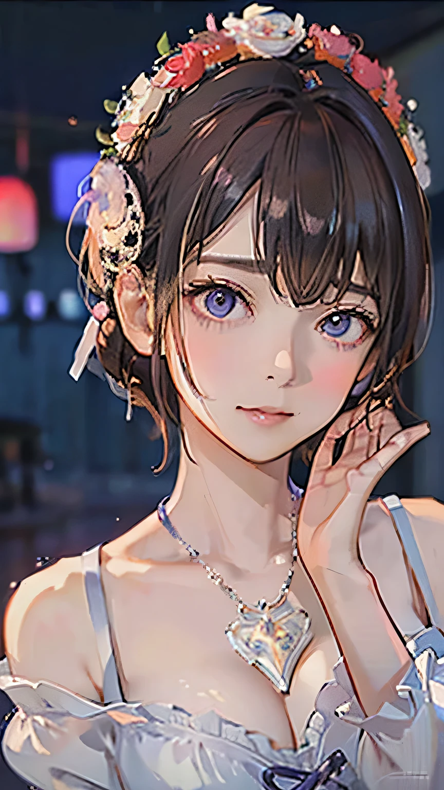 (highest quality, High resolution), Glowing Eyes, Delicate facial features, Vibrant colors, Dreamy atmosphere, Fantasy Theme, Floral Background, Graceful Movement, Magic lighting, Mysterious Aura, Heavenly Beauty, Magic thread, Whimsical elements,Big Breasts、lingerie、sexy