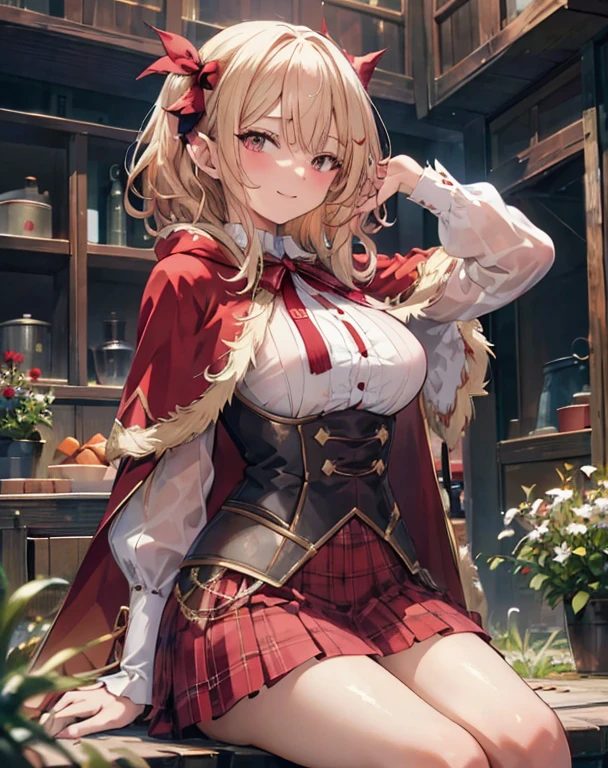 masterpiece,1girl, sparrow, a blonde haired girl, wearing a white medieval european villager clothes, curly medium hair, messy hair, red skirt, short red capelet with furry hoody, slim body, medium breasts, she close her left eye, shirt ornament, lolippai, hair ribbon, seductive smile, beautiful breasts, rounded breasts, crimson eyes, pleated skirt, plaid skirt, she is the red hood girl, she sit in the wheat field, pointy ears