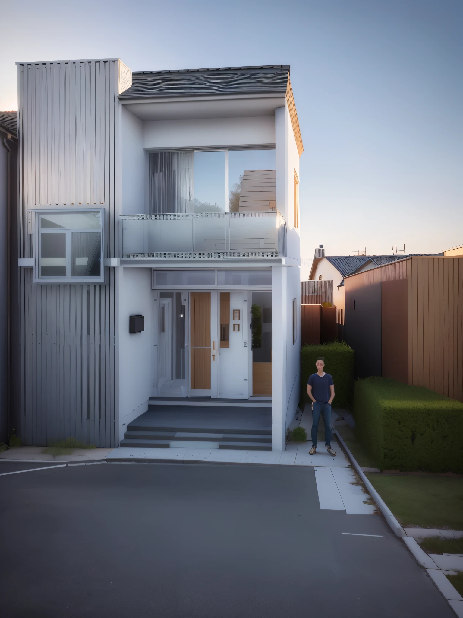 a rendering of a small house with a man standing in front of it, with 3 d render, with 3d render, front perspective, frontview, concept house, 3d rendering, 3 d rendering, complete house, sketch - up, front elevation view, front-view, render 3 d, 2 d render, vue 3d render, wide establishing shot