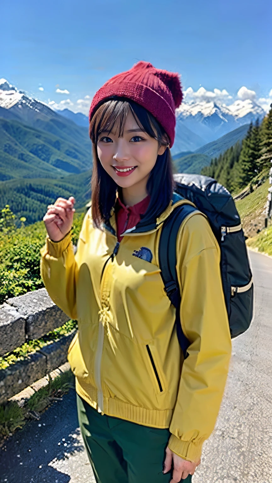 (background, Magnificent Snow Mountain views):1.3, (Snow Mountain:1.37), (8k, RAW Photos, 最high quality, masterpiece:1.2), (Realistic, photo-Realistic:1.37), Very detailed, high quality, Professional Lighting, Physically based rendering of a 14 year old female, (One girl:1.3), (Japanese Girls), (Medium chest:1.25), (Semi-long hair, Dark brown hair), (Skin with attention to detail:1.2), (Very delicate face, Super beautiful poop, Very delicate eyes, Very detailed鼻, Very sophisticated mouth), (Mountain jacket(The North Face), Trekking pants, Knitted hat), (Carry a backpack), (Walking the mountain path), from the front, whole body