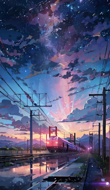 Anime train crossing track in sky background, beautiful and harmonious scene, exquisite animation, rich details (width is 672), high quality, clarity 4k, artistic 4k wallpaper, stunning anime landscape, 8k art wallpaper.