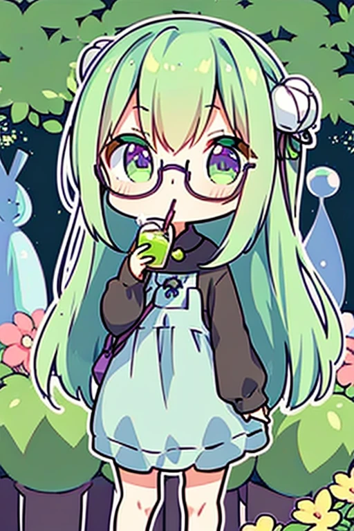 A green haired woman with violet eyes and glasses with an hourglass figure in a cute sweatshirt dress is sipping iced tea in a garden
