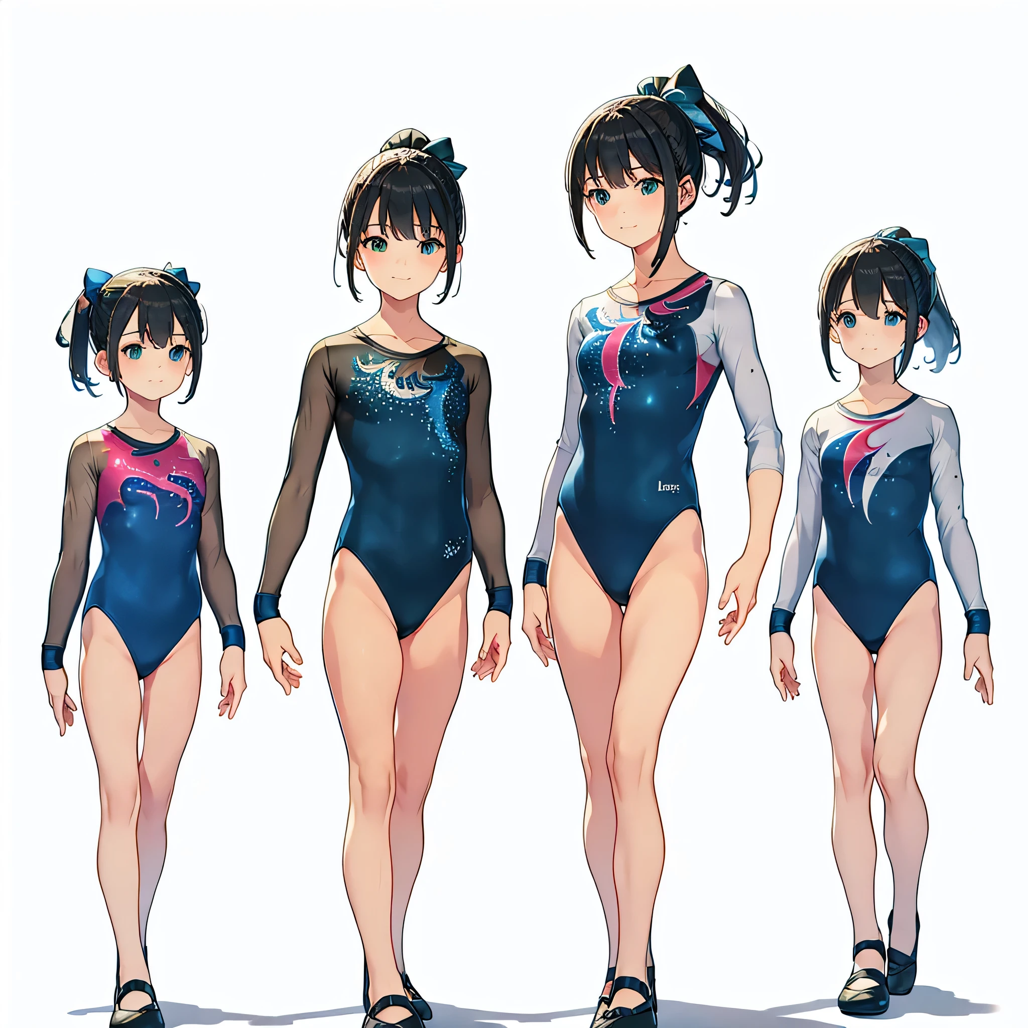 (masterpiece, best quality:1.2),Gymnastics club,(3 girls:1.3),(black leotard:1.3),(athletic leotard:1.3),green leotard:1.2),full body, pony tail, blue ribbon, long hair,(body suit:1.2),(over 20 years old, under 25 years old:1.2), ballet shoes, smile, BREAK white background