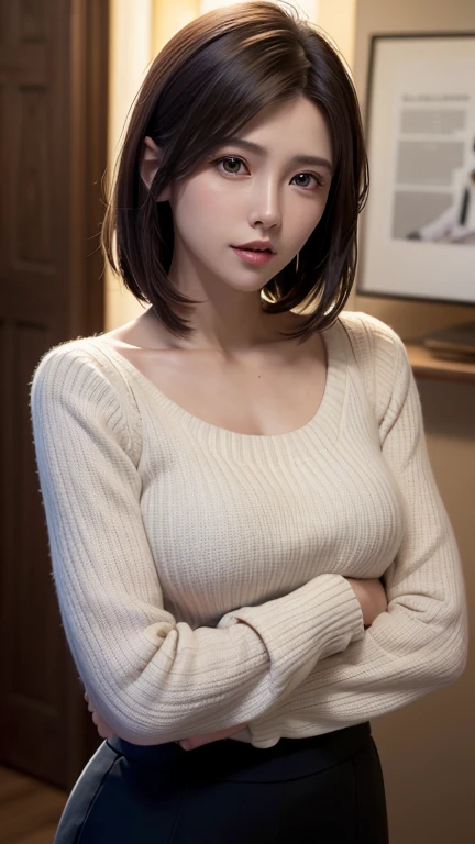 arte de fantasia, fotorrealismo, dynamic lighting, art station, poster, volumetric lighting, rosto altamente detalhado, (uniforme oficial: 1.4), Cabelo longo, sweater, Delicate collarbone, expondo ombros, seios amplos