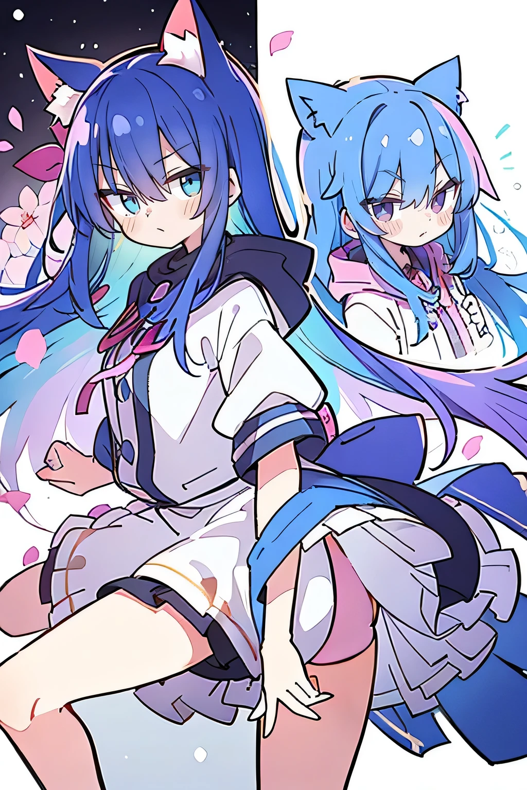 (masterpiece:1.2),Super detailed,lifelike,Expressive eyes,fair skin,perfect face shape,1 girl,
Japanese comics,Gorgeous blue hair,flowing blue hair,flowing clothes,Cat ears,Petals fall,beautiful lola,Baby Angel,
Shaking head with one hand,Cross your legs,Gentle and peaceful background,The pavilion is cool and comfortable,smile, wearing hoodie, background of tokyo,back views,snowing, winter.