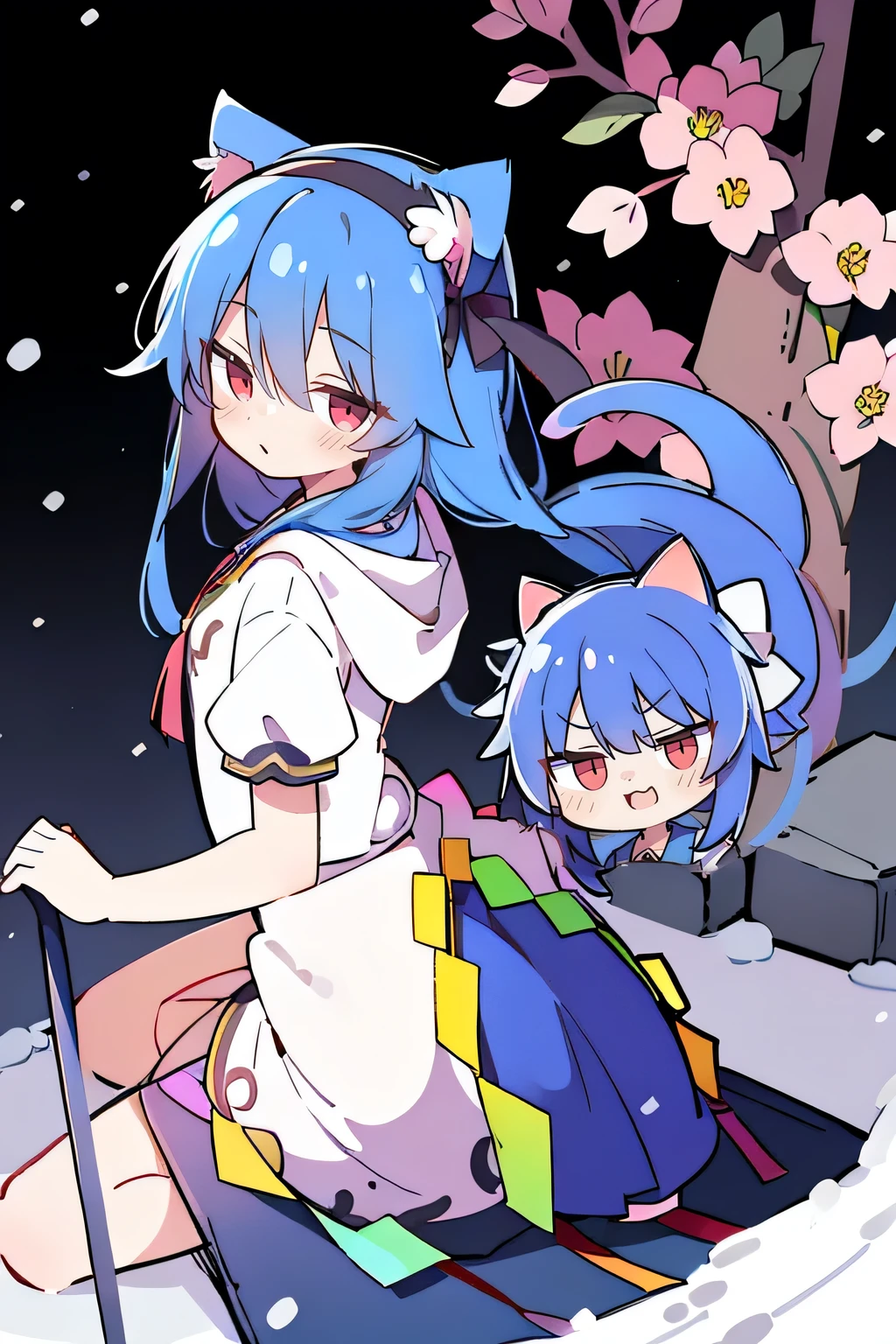 （masterpiece：1.2），Super detailed，lifelike，Expressive eyes，fair skin，perfect face shape，1 girl，
Japanese comics,Gorgeous blue hair,flowing blue hair,flowing clothes,Cat ears,Petals fall,beautiful lola,Baby Angel,
Shaking head with one hand，Cross your legs，Gentle and peaceful background，The pavilion is cool and comfortable,smile, wearing hoodie, background of tokyo,back views,snowing, winter.