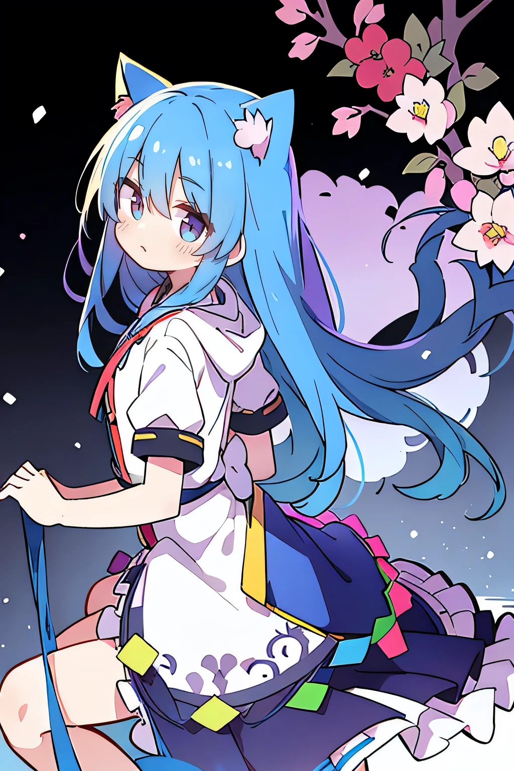 (masterpiece:1.2),Super detailed,lifelike,Expressive eyes,fair skin,perfect face shape,1 girl,
Japanese comics,Gorgeous blue hair,flowing blue hair,flowing clothes,Cat ears,Petals fall,beautiful lola,Baby Angel,
Shaking head with one hand,Cross your legs,Gentle and peaceful background,The pavilion is cool and comfortable,smile, wearing hoodie, background of tokyo,back views,snowing, winter.