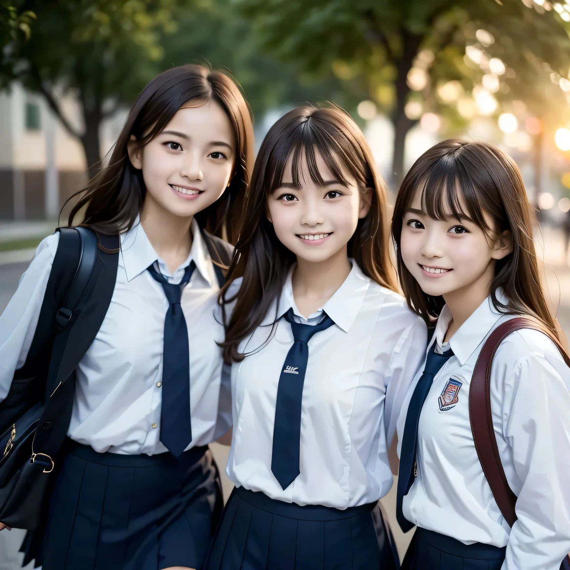 Three girls are leaving school at dusk. Their uniforms are crisp and neat, carrying school bags slung over their shoulders. The sun sets behind them, casting a warm, golden light on their faces. One girl has long, straight black hair, another has wavy chestnut curls, and the third has short bobbed red hair. They walk in sync, chattering animatedly, their laughter filling the air. The details of their features are exquisitely captured, each girl possessing unique and beautiful facial structures. The background is softly blurred, drawing focus to the trio of friends as they make their way home from school. (High resolution, detailed, school-themed, evening scene, girls)