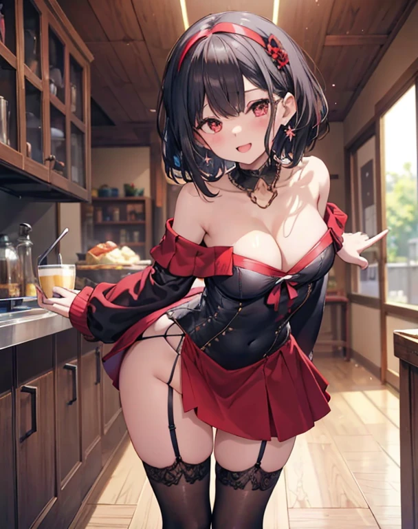 Adult Woman, masterpiece, 1girl, Amazing Cleavage:1.3, thin waist, big ass, Raised sexy, medium breast:1.3,posed cleavage:1.2,solo, open mouth, have a cup of coffee,black hair, red eyes, dress, bare shoulders, jewelry, collarbone, sidelocks, hairband, earrings, indoors, off shoulder, arms behind back, plant, short hair with long locks, black hairband, sweater dress, off-shoulder sweater, red sweater, big side hair, very long side hair,is rendered in (masterpiece: 1.2, best quality), with (ultra high resolution) and an exquisite (depth of field). This masterpiece is not only visually stunning but also tells, make of cooking some cakes ,in the kitchen,Long dark blonde wavy hair、her thin pubic hair, Puffy nipple、(short flared skirt)、garter stocking、Earring、Medium milk, cute smile face、(Pose to lean forward and emphasize the chest)、sexy hips、high-heels、atlibrary、((Close your arms to your chest and look up)),(with sparkling eyes and a contagious smile), looking at viewer,