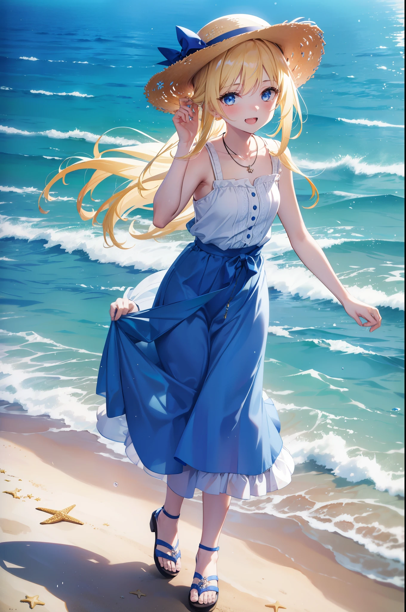 Arisburg, Alice Zuberg, bangs, blue eyes, Blonde, Hair between the eyes, Very long hair, hair band, white hair band,Sleeveless blue dress,Blue long skirt,Bare neck,Locket Necklace,Cute Sandals,Straw hat,happy smile, smile, Open your mouth,Daytime,sunny,True Summer,whole bodyがイラストに入るように,Strolling on the sandy beach,
break outdoors ,Coastal Road,In town,crowd, people々々々,
break looking at viewer,whole body,
break (masterpiece:1.2), highest quality, High resolution, unity 8k wallpaper, (shape:0.8), (Beautiful and detailed:1.6), Highly detailed face, Perfect lighting, Extremely detailed CG, (Perfect hands, Perfect Anatomy),