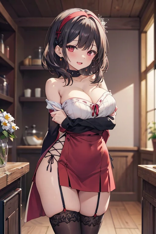 Adult Woman, masterpiece, 1girl, Amazing Cleavage:1.3, thin waist, big ass, Raised sexy, medium breast:1.3,posed cleavage:1.2,solo, open mouth, have a cup of coffee,black hair, red eyes, dress, bare shoulders, jewelry, collarbone, sidelocks, hairband, earrings, indoors, off shoulder, arms behind back, plant, short hair with long locks, black hairband, sweater dress, off-shoulder sweater, red sweater, big side hair, very long side hair,is rendered in (masterpiece: 1.2, best quality), with (ultra high resolution) and an exquisite (depth of field). This masterpiece is not only visually stunning but also tells, make of cooking some cakes ,in the kitchen,Long dark blonde wavy hair、her thin pubic hair, Puffy nipple、(short flared skirt)、garter stocking、Earring、Medium milk, cute smile face、(Pose to lean forward and emphasize the chest)、sexy hips、high-heels、atlibrary、((Close your arms to your chest and look up)),(with sparkling eyes and a contagious smile), looking at viewer,